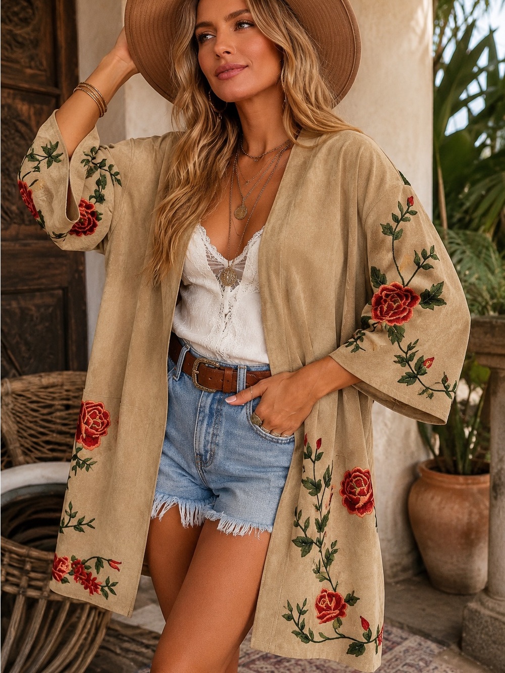 ZARA Embroidered Floral Taupe Suede kimono jacket